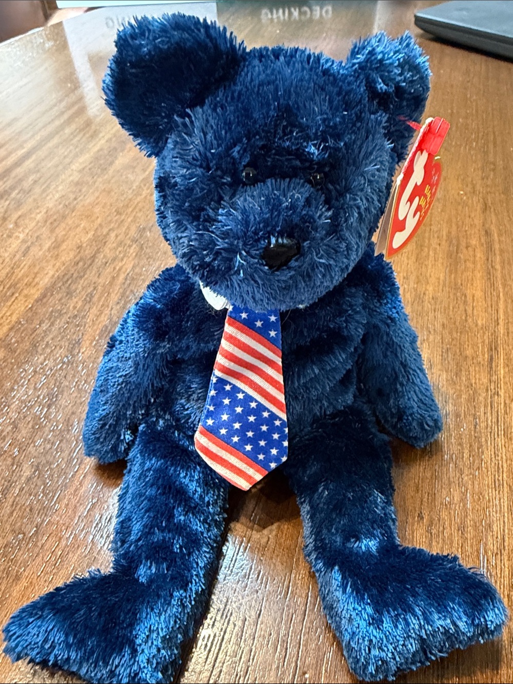 Beanie Babies “Pops” Plush Navy Blue Bear with American Flag Tie